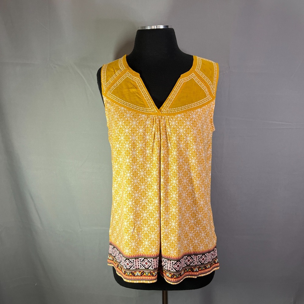 Eliane Rose Blouse Top Women Medium Yellow White Geometric Sleeveless Split Neck